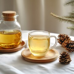 there is a glass cup of tea on a wooden plate