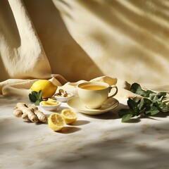 there is a cup of tea and lemons on a table