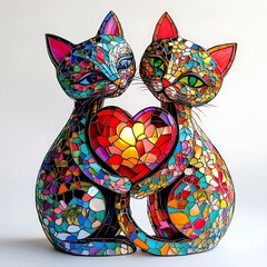 there are two cats sitting on a colorful mosaic sculpture