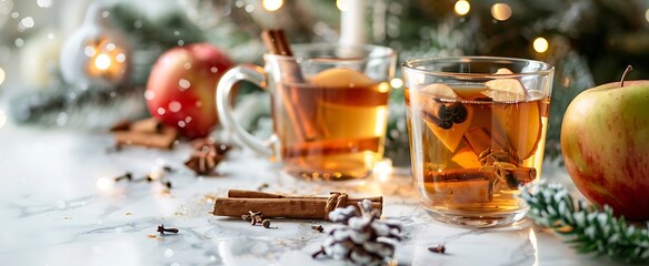 there are two glasses of tea and an apple on a table