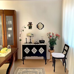 there is a black table with a white top and a chair