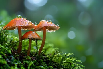 there are three mushrooms that are growing on a mossy surface