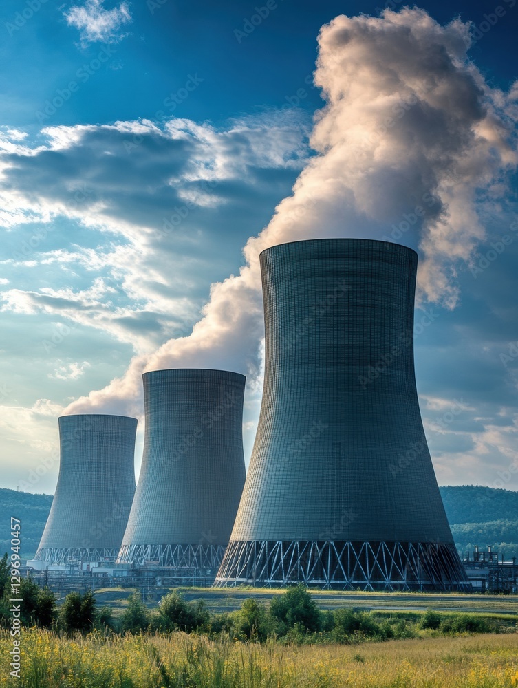 Poster power plants generate electricity under a clear blue sky with clouds and steam rising from cooling t