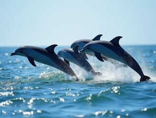 Fototapeta premium Dolphins gracefully leaping out of ocean waves