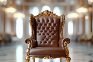 there is a brown chair with gold trim and a gold frame