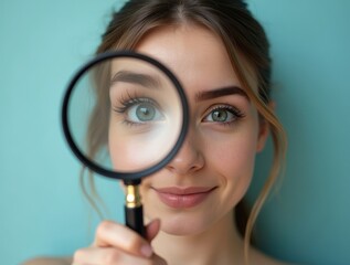 Young woman showing enlarged eye through magnifying glass on turquoise background