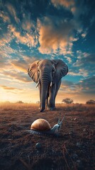 there is a elephant standing next to a snail on the ground