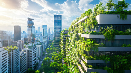 Obraz premium Future of green business, smart city with sustainable infrastructure, clean energy, and eco-technology