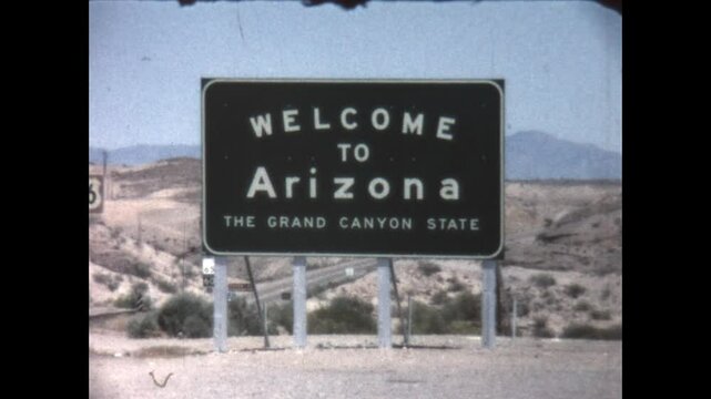 Welcome to Arizona 1963 - A sign on US Route 66 welcomes drivers from California to Arizona, in 1963. 