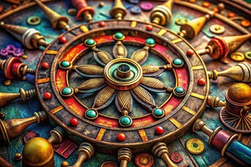 Obraz premium Vintage Nautical Game Totem: Macro Wheel, Anchor, Compass, Clock & Ship Details
