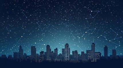 Night city skyline under starry sky; constellations connect buildings; urban background; website banner