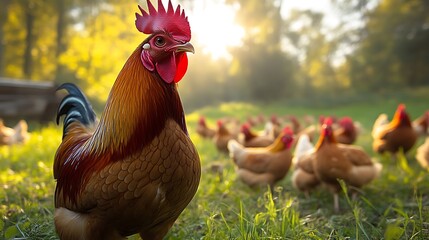 Rooster Leading Hens in Sunny Meadow