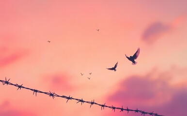 Serene Sunset Scene with Birds Flying Above Barbed Wire in a Beautiful Gradient Sky of Pink and Orange Hues Captured at Dusk in Nature's Calm