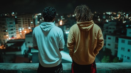 This image captures the silhouette of two friends, one in a white hoodie and the other in a yellow one, as they admire the vibrant city lights at night from a rooftop.