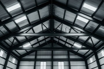 Interior of a steel building with skylights, suitable for industrial use