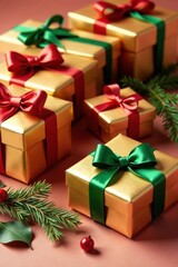 Obraz premium A collection of elegantly wrapped golden gifts adorned with vibrant red and green satin ribbons, arranged on a soft peach surface, complemented by sprigs of evergreen and festive berries.