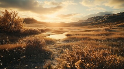 Tranquil Wetland Scenery: Golden Reeds, Winding Stream, and Sunlit Mountains with Warm, Soft Light