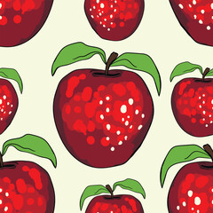 Seamless pattern with apple on color background. Natural delicious fresh ripe tasty fruit. Vector illustration for print, fabric, textile, banner, design. Stylized apples with leaves. Food concept.