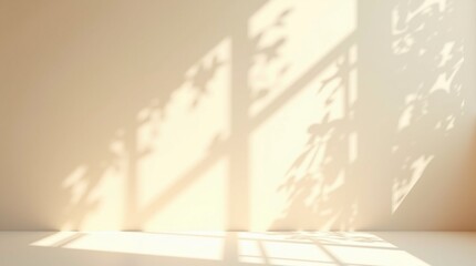 Minimalistic abstract gentle light beige background for product presentation with light andand intricate shadow from the window and vegetation on wall.
