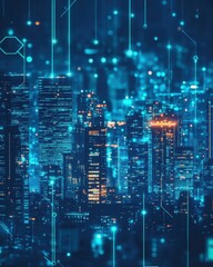 Renewable energy-powered futuristic city glowing at night