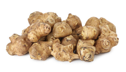 Fresh Jerusalem artichokes isolated on white. Root vegetable
