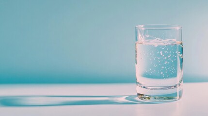 Clear glass of sparkling water on a light blue surface