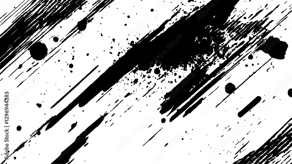 Poster abstract grunge splatter line pattern on white and transparent background. dynamic black paint strok