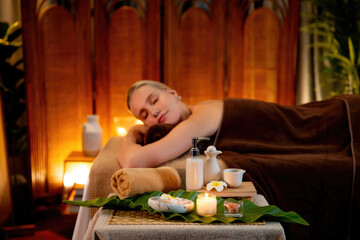 Caucasian woman customer enjoying relaxing anti-stress spa massage and pampering with beauty skin...