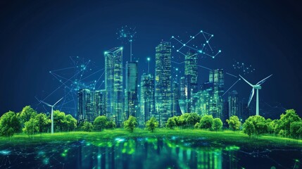 Smart city powered by AI and green energy, glowing visuals