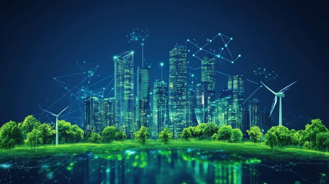 Smart city powered by AI and green energy, glowing visuals