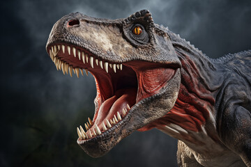 Fototapeta premium Tyrannosaurus Rex Roaring – Powerful Prehistoric Dinosaur, Fierce Jurassic Predator with Sharp Teeth, Giant Extinct Reptile, Perfect for Museums, Science, and Dinosaur Enthusiasts. History.