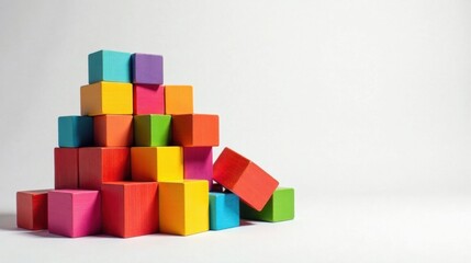 Obraz premium A vibrant collection of colorful wooden blocks arranged in a precarious pyramid structure, some blocks are falling, suggesting instability or the process of construction and deconstruction