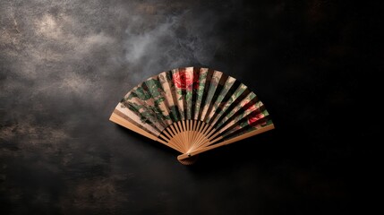 A beautifully crafted fan featuring stunning rose patterns in rich colors, providing a striking visual representation of tradition and elegance against a dark background.