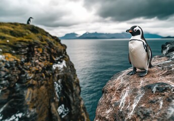 Fototapeta premium Majestic Penguin Standing on Rocky Cliff with Ocean View and Dramatic Clouds in Background, Seaside Landscape in Remote Location