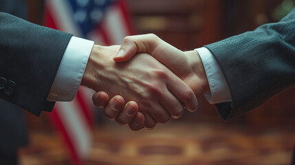 Two individuals engage in a handshake during a formal meeting in front of an American flag