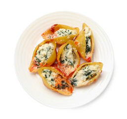 Delicious shell pasta stuffed with ricotta and spinach isolated on white, top view