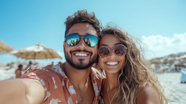 A smiling couple poses for a selfie at the beach, wearing stylish sunglasses and enjoying the bright sunshine, encapsulating the essence of summer love and fun.