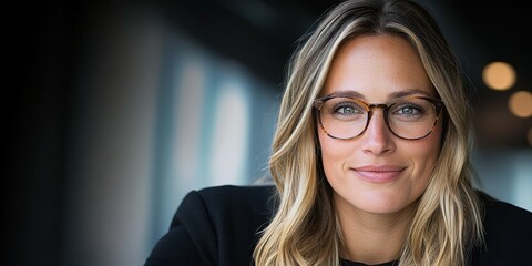 Naklejka premium A confident woman with long, wavy hair and stylish glasses is smiling while seated in a contemporary office. The background has soft lighting and a blurred effect, creating a warm atmosphere