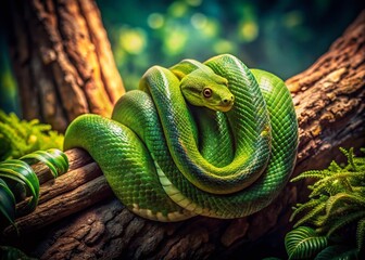 Fototapeta premium Vintage Photo: Emerald Green Snake Coiled in Lush Tree Branches