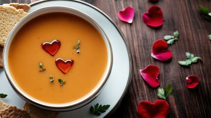 Romantic heart shaped soup with crackers and rose petals