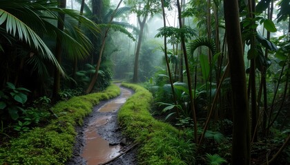 Fototapeta premium Winding path through lush rainforest tropical jungle nature scene foggy environment serene viewpoint adventure concept
