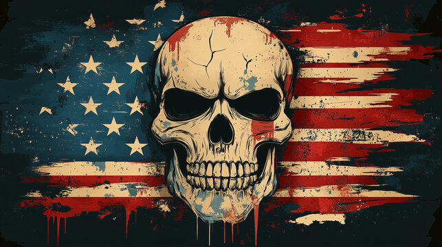 Artwork featuring a skull overlaying a distressed American flag with vivid colors and dramatic textures