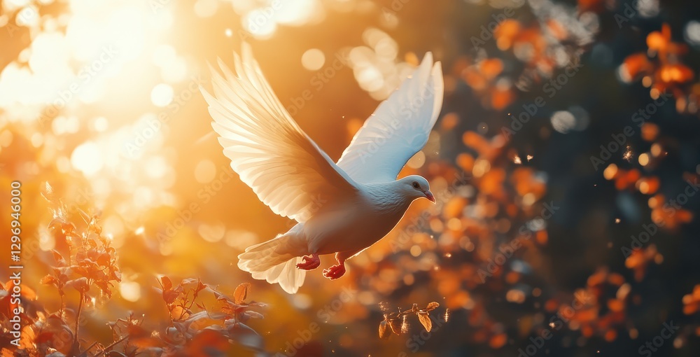 Aufkleber serene white bird in flight surrounded by warm autumn colors and soft sunlight with blurred backgrou