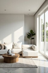 Fototapeta premium Serene Minimalist Living Room Design with Sunlight Streaming Through Large Windows, Emphasizing Clean Lines and Neutral Tones, Creating a Peaceful and Inviting Atmosphere