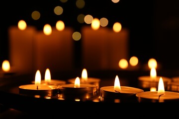 Many burning candles on dark surface, closeup. Bokeh effect