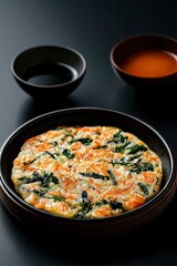 Savory spinach pancake presented with sauces, on black, cooking concept