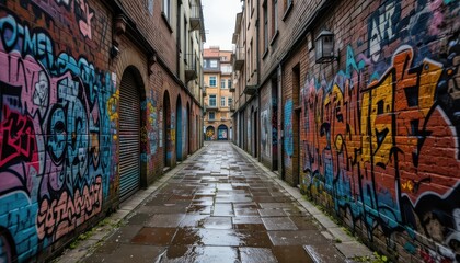 Fototapeta premium Vibrant graffiti art urban alleyway photography rainy environment street perspective creative expression