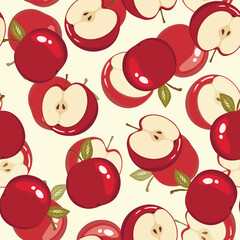 Seamless pattern with apple on color background. Natural delicious fresh ripe tasty fruit. Vector illustration for print, fabric, textile, banner, design. Stylized apples with leaves. Food concept.
