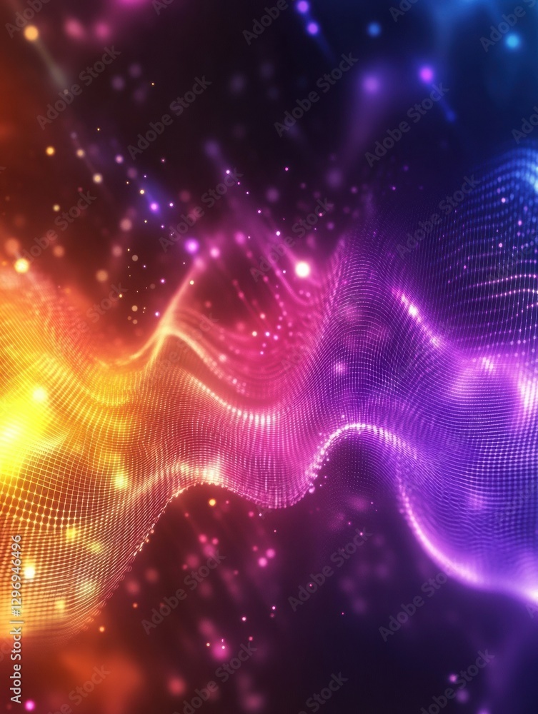 Poster Colorful abstract waves create a vibrant digital background with glowing particles and flowing light. Generative AI
