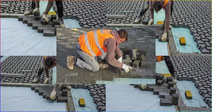 Construction site with workers laying interlocking concrete pavers. Close-up on the installation process, highlighting the precision and teamwork